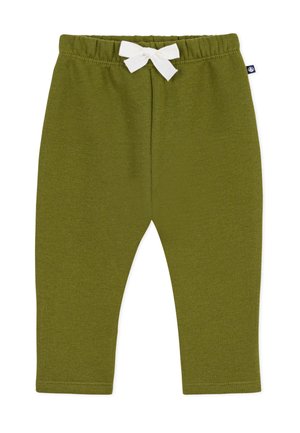 Leggings en coton vert avec une taille élastique, présentant un détail de nœud en ruban blanc à l'avant. Texture lisse, design full-length.