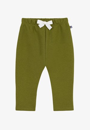 Leggings en coton vert avec une taille élastique, présentant un détail de nœud en ruban blanc à l'avant. Texture lisse, design full-length.