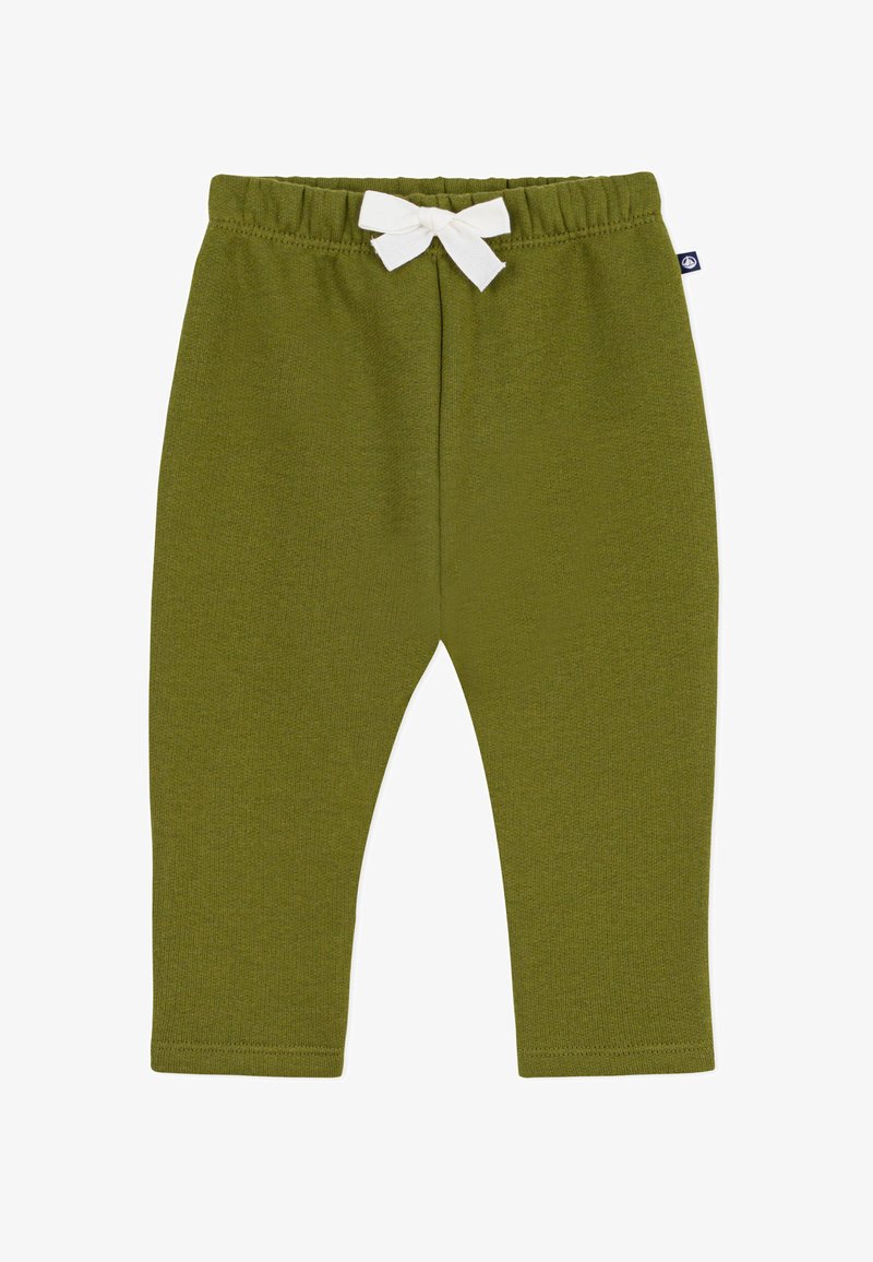 Groene katoenen leggings met een elastische tailleband, voorzien van een witte strikdetail aan de voorkant. Glad materiaal, full-length ontwerp.