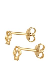 Goldfarbene Metallohrringe mit einem gedrehten Design, einer glatten Oberfläche und runden Steckverschlüssen für einen sicheren Halt.