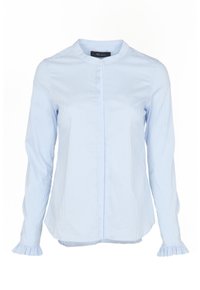 Light blue button-up shirt with vertical white stripes, round collar, and ruffled cuffs. Made of cotton blend, featuring a straight cut and smooth texture.