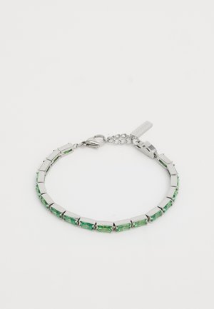 Silver bracelet featuring alternating rectangular green gemstones and metal links, with a lobster clasp and adjustable chain closure.