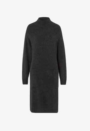 Donkergrijze gebreide sweaterjurk met een hoge hals, lange mouwen, twee zakken aan de voorkant en opengebreide details op de mouwen.