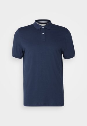 Polo di colore blu navy realizzato in cotone morbido, con colletto, patta con due bottoni e maniche corte. Dettaglio a righe nel colletto interno.
