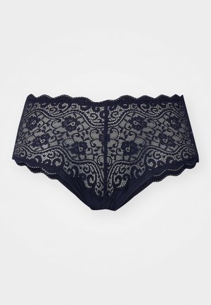 Marineblaue Spitzenunterwäsche mit floralen Mustern, welligen Kanten und transparenter Textur. Das Design betont zarte Details und kunstvolle Verarbeitung.