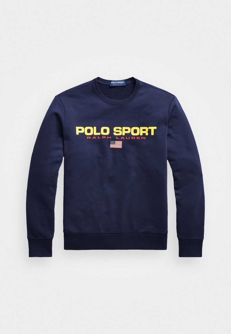 Marineblaues Sweatshirt mit Rundhalsausschnitt, das ein großes "POLO SPORT"-Logo in Gelb und Rot sowie eine kleine Grafik der amerikanischen Flagge aufweist.