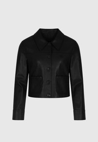 Veste en cuir noir avec un col, fermeture à boutons sur le devant, deux grandes poches avant et des manches longues avec des poignets à boutons.