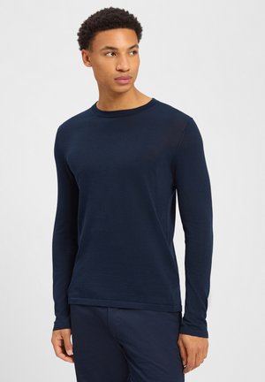 Marineblaues Langarmshirt aus weicher Baumwolle; verfügt über einen runden Halsausschnitt und eine enge Passform, ideal für die Freizeit.
