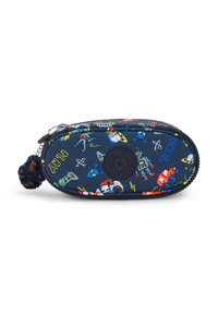 Astuccio ovale blu navy con una stampa giocosa di razzi, robot e controller di videogiochi, dotato di una cerniera testurizzata e di un charm a forma di scimmietta morbida.