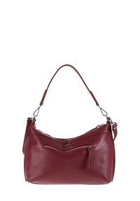 Borsa in pelle bordeaux con forma curva, tasca anteriore con zip e una sola tracolla. Superficie testurizzata con dettagli in metallo.