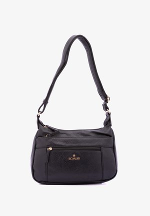 Borsa a tracolla in pelle nera con finitura texture, tracolla regolabile, hardware in tonalità oro e tasca con zip frontale. Design compatto e funzionale.