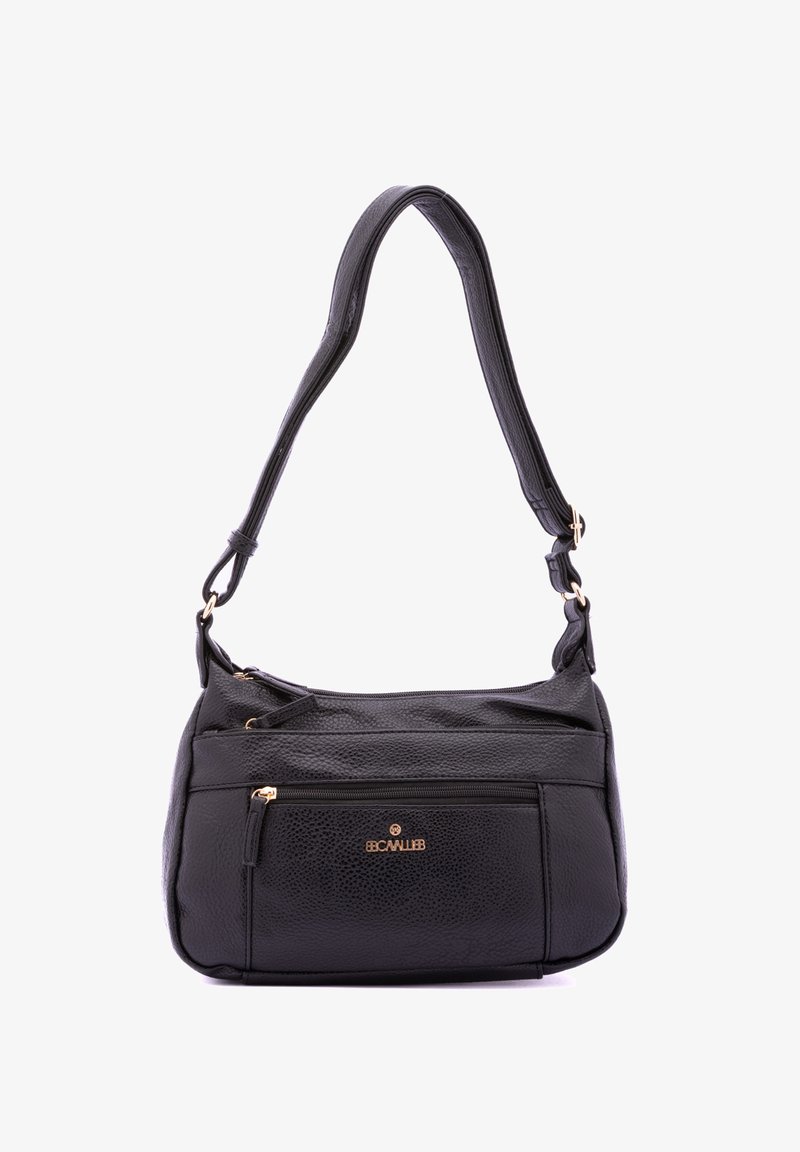 Borsa a tracolla in pelle nera con finitura texture, tracolla regolabile, hardware in tonalità oro e tasca con zip frontale. Design compatto e funzionale.