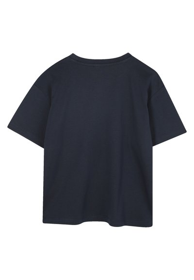 Navy blauwe T-shirt met korte mouwen, gemaakt van katoen, met een ronde halslijn en een casual pasvorm, en een gladde, effen textuur.