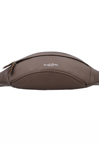 Braune Lederbauchtasche mit abgerundeter Form, strukturierter Oberfläche und Reißverschluss. Mit geprägt aufgeprägtem Logo auf der Vorderseite und tonalen Nähten.