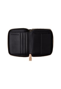 Black leather wallet with gold zipper, featuring multiple card slots and pockets for organization. Smooth texture, logo embossed inside.