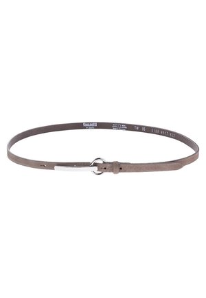 Ceinture fine en cuir marron avec boucle ronde argentée et fermoir rectangulaire, présentée à plat avec les marquages de la marque et de la taille à l'intérieur.