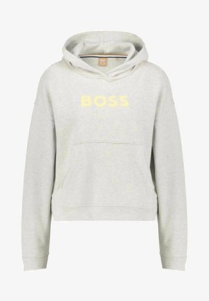 Felpa leggera grigia in cotone misto, con tasca frontale e logo "BOSS" giallo. Texture morbida, vestibilità comoda e cappuccio con stringente.