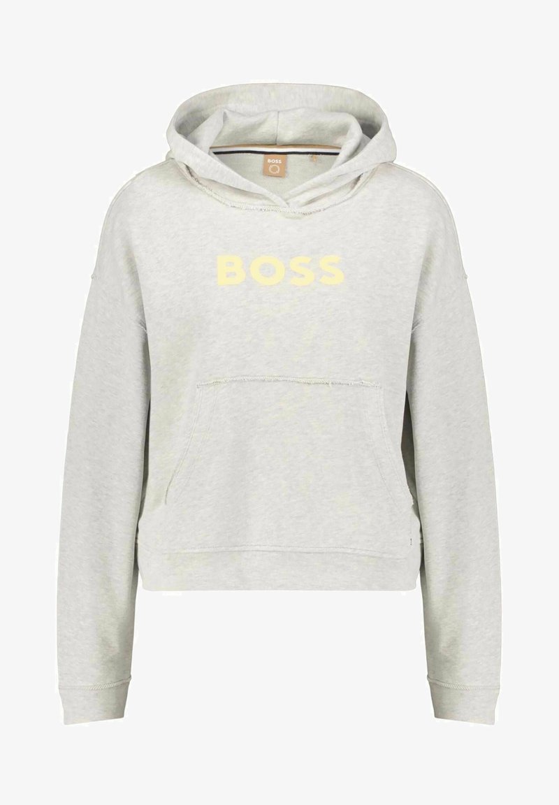 Sudadera gris claro hecha de una mezcla de algodón, con un bolsillo frontal y un logo amarillo de "BOSS". Textura suave con un corte relajado y capucha con cordones.