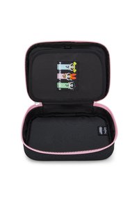 Black zippered case with pink accents; interior is black with patterned lining. Features a patch of cartoon characters on the inside lid.