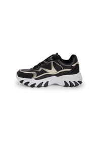 Sneaker nero e argento con punta arrotondata, pelle testurizzata, suola spessa bianca e design della suola esterna con motivo ondulato. Presenta lacci e colletto imbottito.