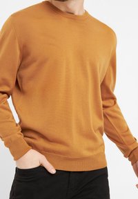 Senfgelber Strickpullover mit Rundhalsausschnitt, gerippten Bündchen und Saum. Weiche Textur und lockere Passform, kombiniert mit schwarzen Hosen.