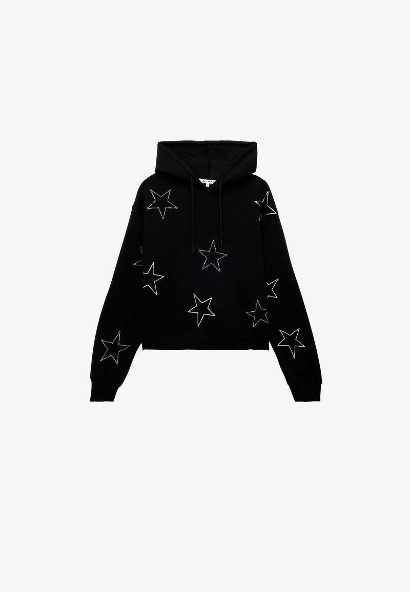 Sudadera corta negra con diseños de estrellas blancas. Hecha de tela suave, con capucha ajustable y puños acanalados.