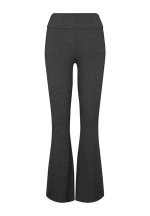 Dunkelgraue, hoch taillierte Schlaghose mit breitem Bund, von hinten vor weißem Hintergrund gezeigt.