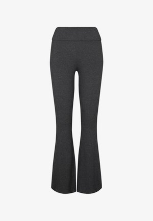 Donkergrijze hoge taille flare broek met een brede tailleband, van achteren getoond op een witte achtergrond.