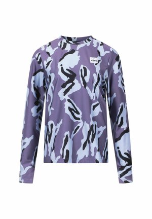 Haut à manches longues en motif camouflage violet et bleu, fabriqué en tissu lisse et extensible. Présente un petit logo à l'avant.