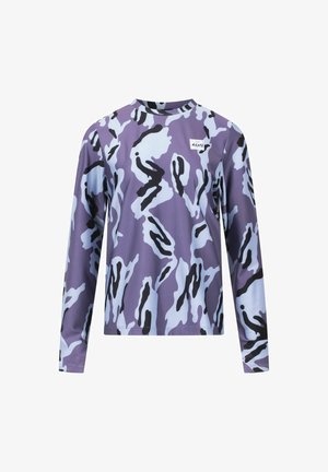 Langsleeve top in paars en blauw camouflagepatroon, gemaakt van glad, rekbaar materiaal. Heeft een klein logo op de voorkant.