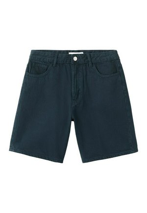 Pantaloncini in denim blu scuro con bottoni frontali, passanti per cintura e cinque tasche, mostrati su sfondo bianco.