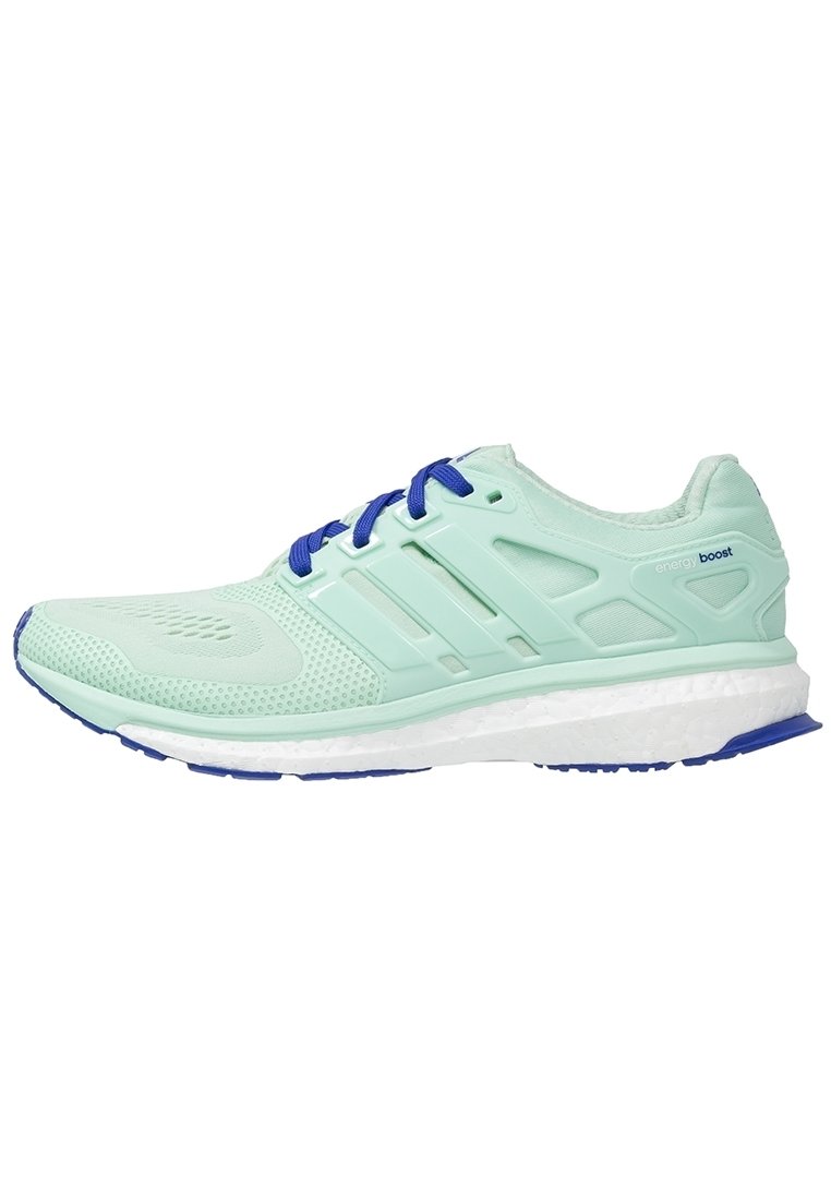 Jasnozielony sportowy but z niebieskimi sznurówkami, cholewką z siateczki i teksturowanymi akcentami. Posiada amortyzowaną białą podeszwę środkową oraz gumową podeszwę zewnętrzną.