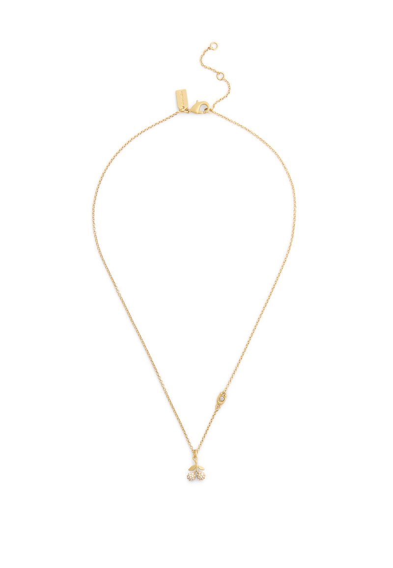 Gouden ketting met een delicate schakel, voorzien van een kersbloesemhanger versierd met kleine heldere kristallen. Sluiting met een kreeftsluiter.