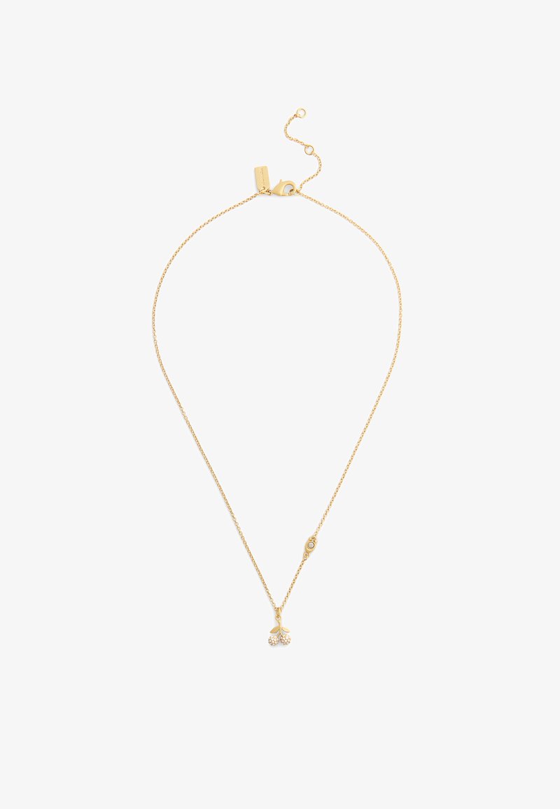 Gouden ketting met een delicate schakel, voorzien van een kersbloesemhanger versierd met kleine heldere kristallen. Sluiting met een kreeftsluiter.