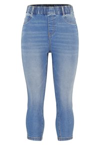 Pantalons capri en denim bleu clair, avec une taille élastique, quatre poches et des coutures contrastées le long des coutures.