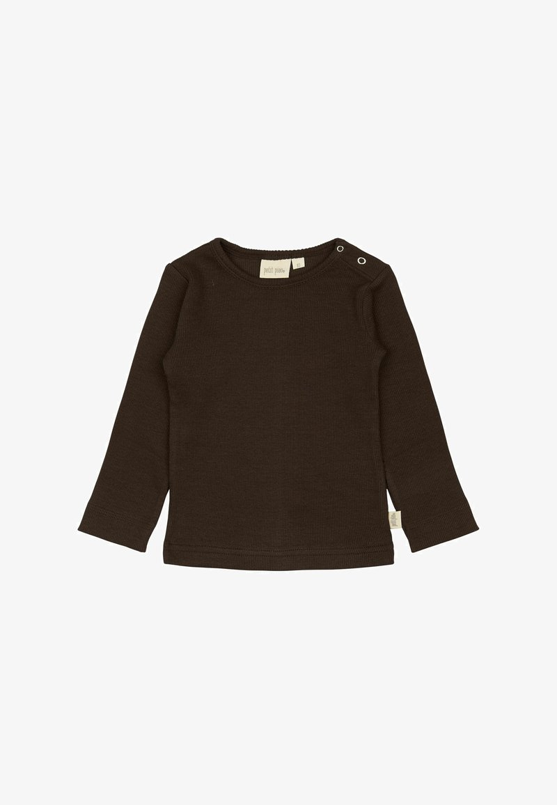 Barna, hosszú ujjú póló bordázott anyagból, kerek nyakkivágással és patentgombokkal az egyik vállon a könnyű öltözködés érdekében.