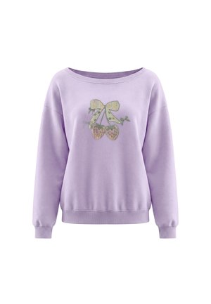 Syrenlilla sweatshirt med lange ærmer og ribstrikkede manchetter og kant, med en dekorativ patch med to kirsebær bundet med en sløjfe på brystet.