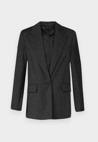Must mustriba blazer, mille jakk, üksik nupp kinni, kaks eesmist taskut ja sile vooder. Struktureeritud lõige, kohandatud disain.