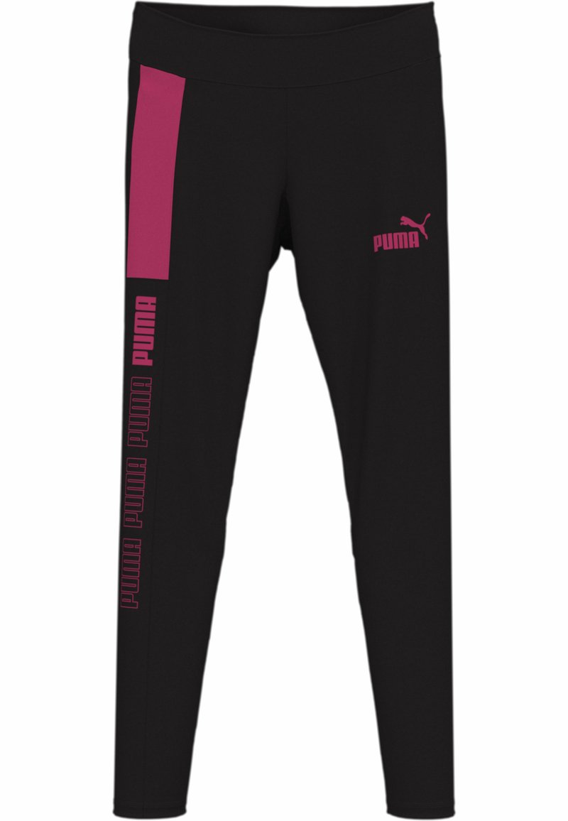 Leggings noirs avec un panneau latéral rose et une marque. Fabriqués en tissu extensible, ils offrent une coupe ajustée et une texture lisse.