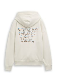 Felpa color crema con la scritta "NIGHT VIBE" in una stampa fluida e lucida. Ha una vestibilità comoda, cappuccio con cordoncino e polsini e orlo a coste.