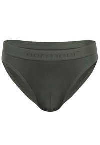 Dunkelgrüne Damenunterwäsche mit weichem elastischen Bund mit "normani"-Logo, glatter Textur und klassischem Bikini-Schnitt.