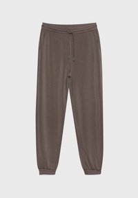 Bruine sweatpants met een elastische tailleband, trekkoordsluiting, zijzakken en elastische boorden bij de enkels. Gladde textuur.