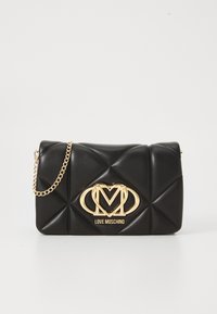 Black quilted leather clutch bag with gold chain strap and gold Love Moschino logo plaque on front.