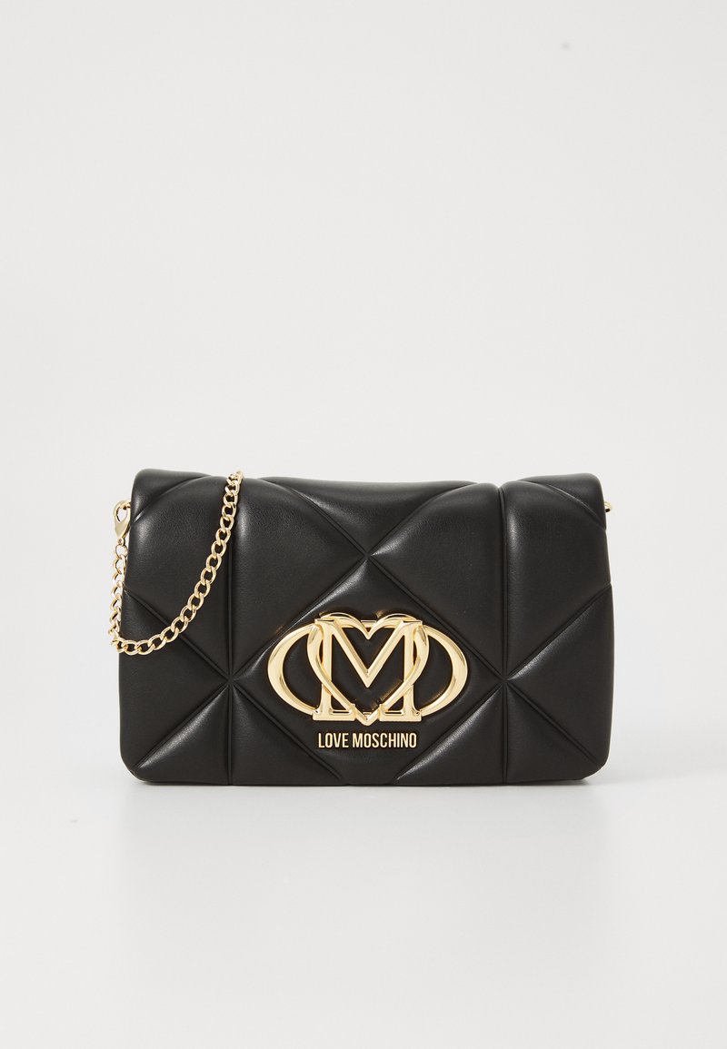 Black quilted leather clutch bag with gold chain strap and gold Love Moschino logo plaque on front.