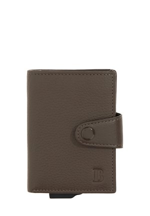 Brown leather wallet with a textured finish, snap closure, and embossed logo. Compact rectangular shape with rounded edges.