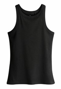 Musthave mustriba tank top ümaratekkide ja laiade õlavarre rihmadega. Kanga pind on sile ning sisaldab kerget venivust.