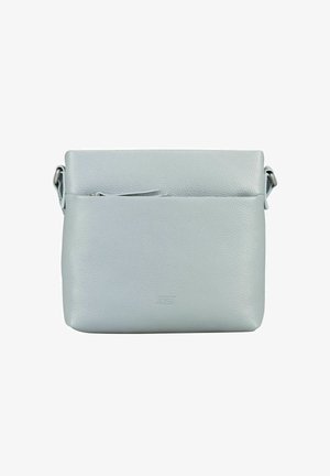 Sac bandoulière en cuir gris clair avec poche zippée à l'avant et bandoulière réglable, texture unie, forme rectangulaire.