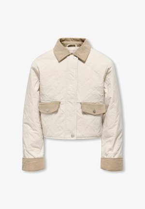 Kvēlota samazināta jaka krēmkrāsā ar bēša velveta apkakli un aprocēm. Ir divas priekšējās kabatas ar pogām. Gluda tekstūra, mūsdienīgs dizains.