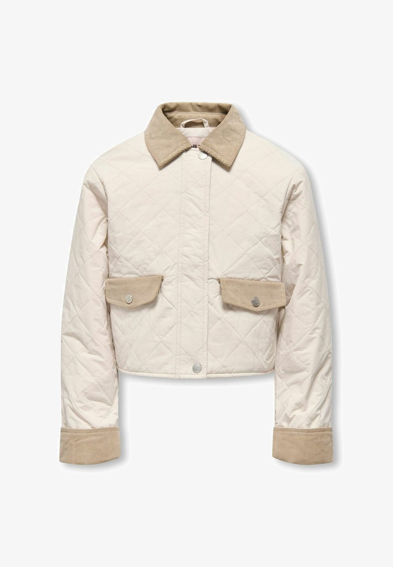 Kreemikas lühike jakk, millel on beež sametkrae ja mansetid. Omaduseks kaks esipoolset taskut nööpidega. Siledapindline, moodne disain.