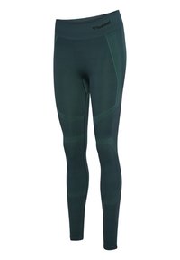 Donkergroene sportlegging met een hoge tailleband, voorzien van gestructureerde panelen en contrasterende lichtere groene accenten voor een strak design.